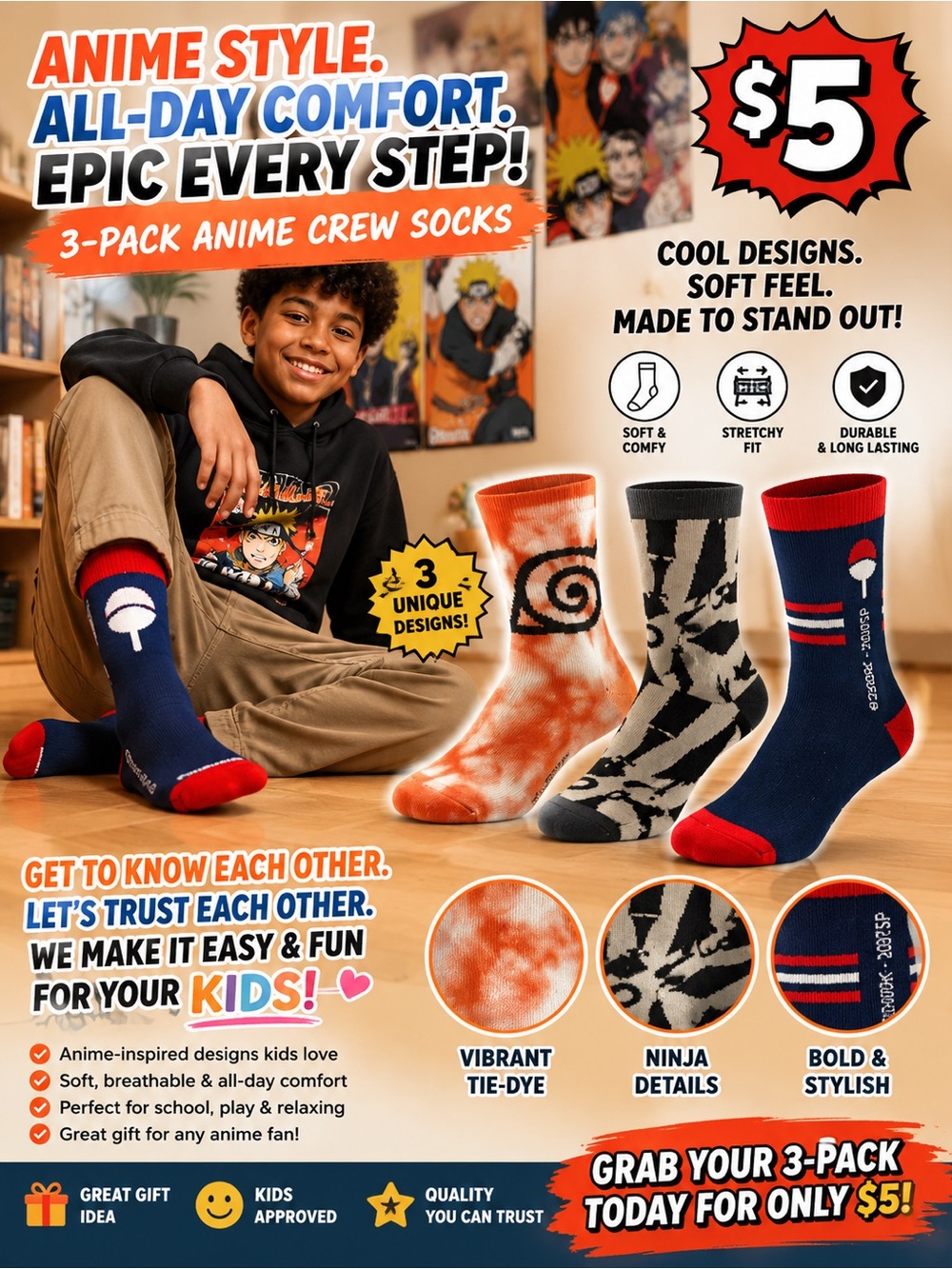 Ripple Junction Navy & Red Anime Crew Socks
